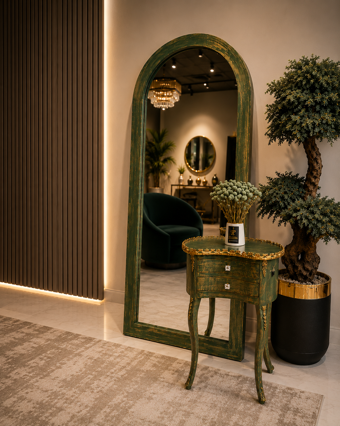 Vintage Green Arch Mirror with distressed green frame, tall arched design, antique finish, and luxury floor mirror style for living room, bedroom, hallway, or dressing area décor in Pakistan