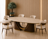 Opal Marble Dining Set with oval marble top, sculptural wooden base, gold accents, ivory upholstered chairs, solid wood frame, and luxury modern dining room design for premium Pakistani homes.
