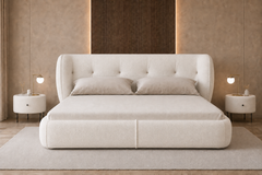Serene white bouclé upholstered bed set by Z Galleria featuring a curved wingback tufted headboard, low rounded footboard and two matching side tables in a luxury modern bedroom.
