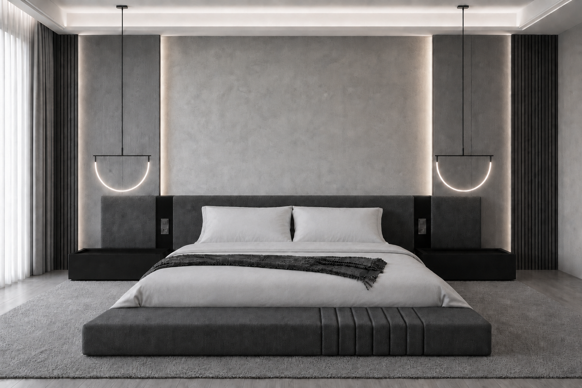 The Veyra low-profile bed set in a calm monochrome interior
