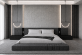 Veyra charcoal-grey low-profile bed set with black side tables, symmetrical control panels and a right-offset channelled front console.
