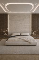 The Luma Arc ivory upholstered platform bed with a layered headboard, matching dark-wood side tables on illuminated natural marble bases and curved hanging lights.