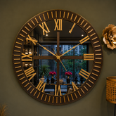 Imperial Roman Clock Mirror with dark wooden frame, gold Roman numerals, mirror center, and decorative wall clock design.