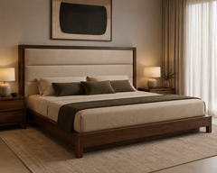 Caldera Frame King Bed angled view showing upholstered headboard and timber frame