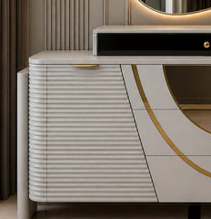 Celeste Wave fluted MDF storage detail with ivory finish and stainless steel accents by Z Galleria