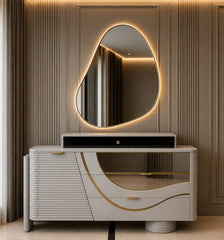 Celeste Wave luxury ivory dressing table with organic illuminated mirror and stainless steel detailing by Z Galleria
