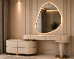 Liora Curve luxury ivory dressing table with organic illuminated mirror and gold accents by Z Galleria Lahore
