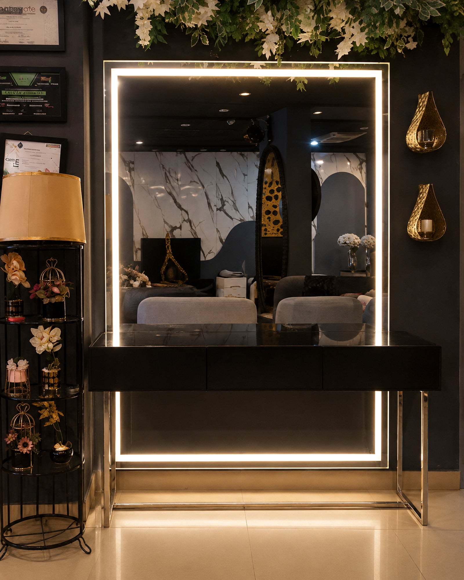 Luma Frame luxury LED vanity console with black drawers and illuminated mirror by Z Galleria Lahore