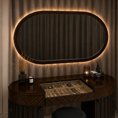 Noir Élan dark luxury vanity with illuminated mirror, jewellery organiser and matching stool by Z Galleria