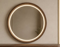 Orbit Sculptural Vanity Console circular LED mirror detail with warm ambient lighting