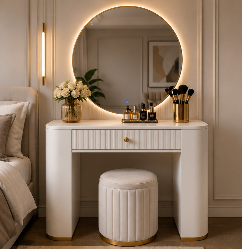 Ivory white and royal blue LED vanity dressing table with round mirror, fluted drawer, gold accents and upholstered stool for luxury bedroom interiors in Pakistan.