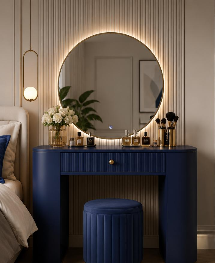 Ivory white and royal blue LED vanity dressing table with round mirror, fluted drawer, gold accents and upholstered stool for luxury bedroom interiors in Pakistan.