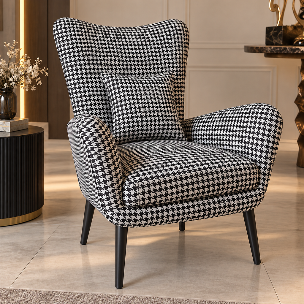 Houndstooth Wingback Accent Chair three-quarter view with matching lumbar cushion