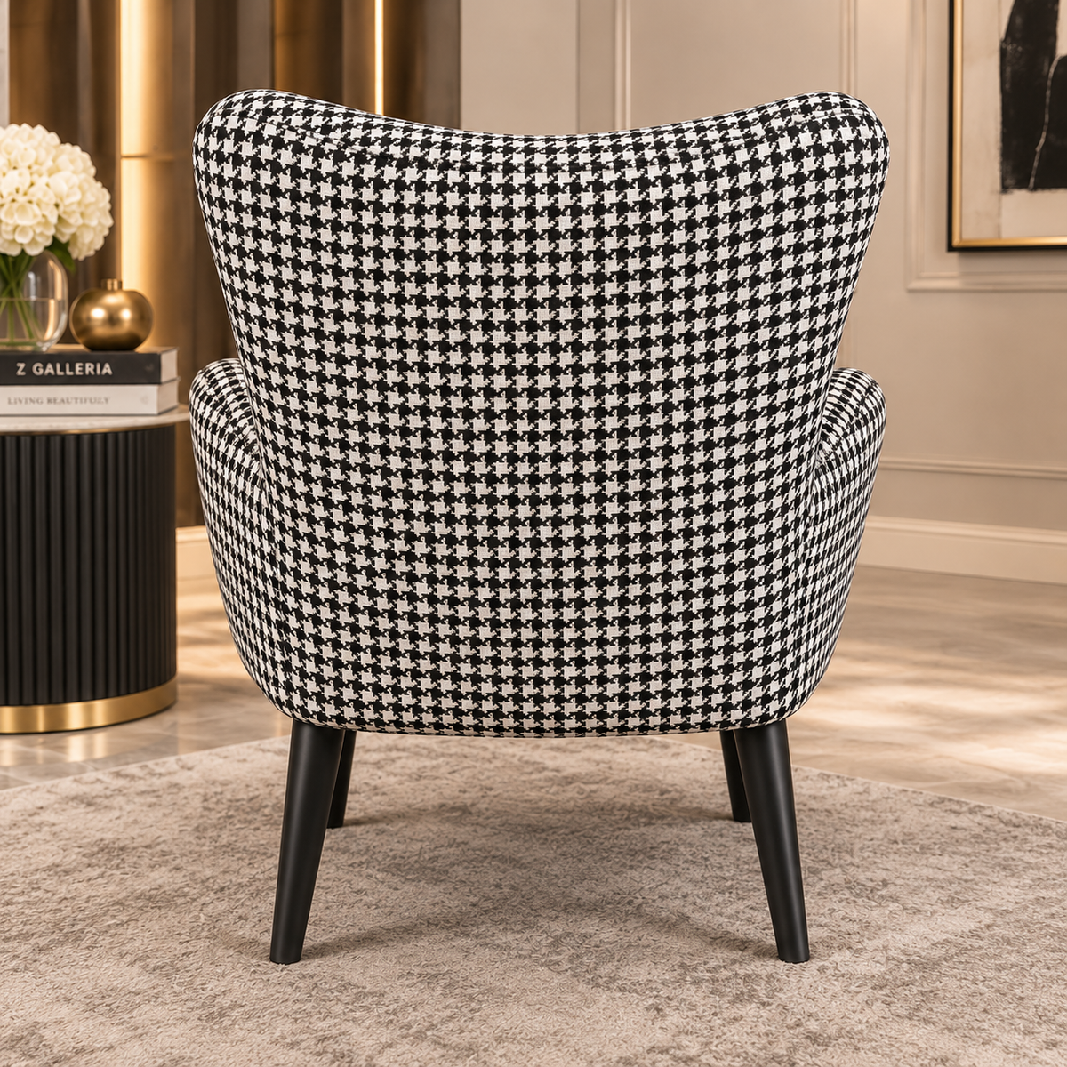 Houndstooth Wingback Accent Chair rear view showing the curved upholstered back