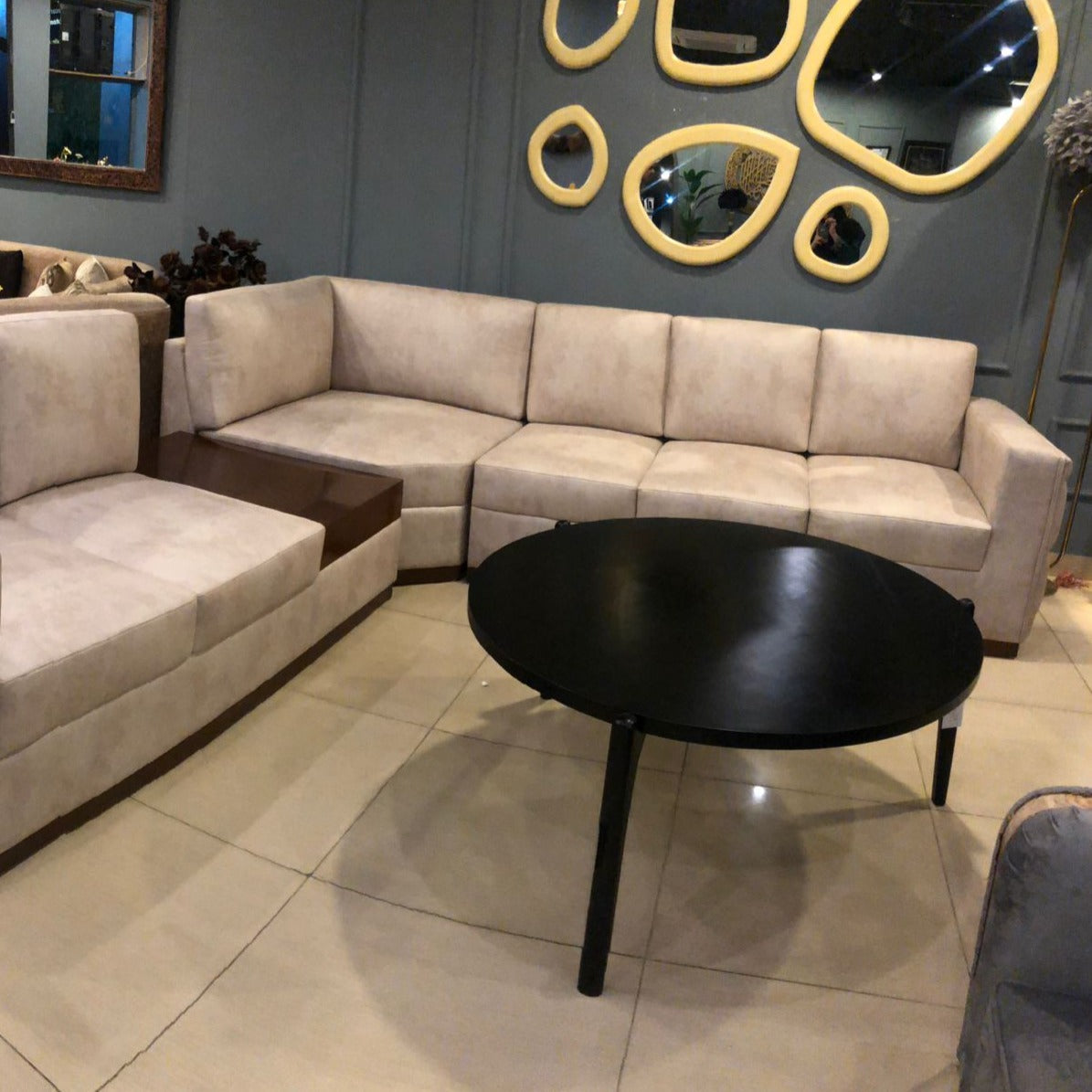 Minimalist round black centre table set side profile