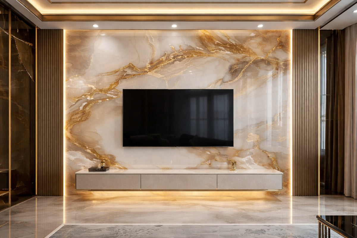 Marble Media Wall Panel with Floating Console by Z Galleria