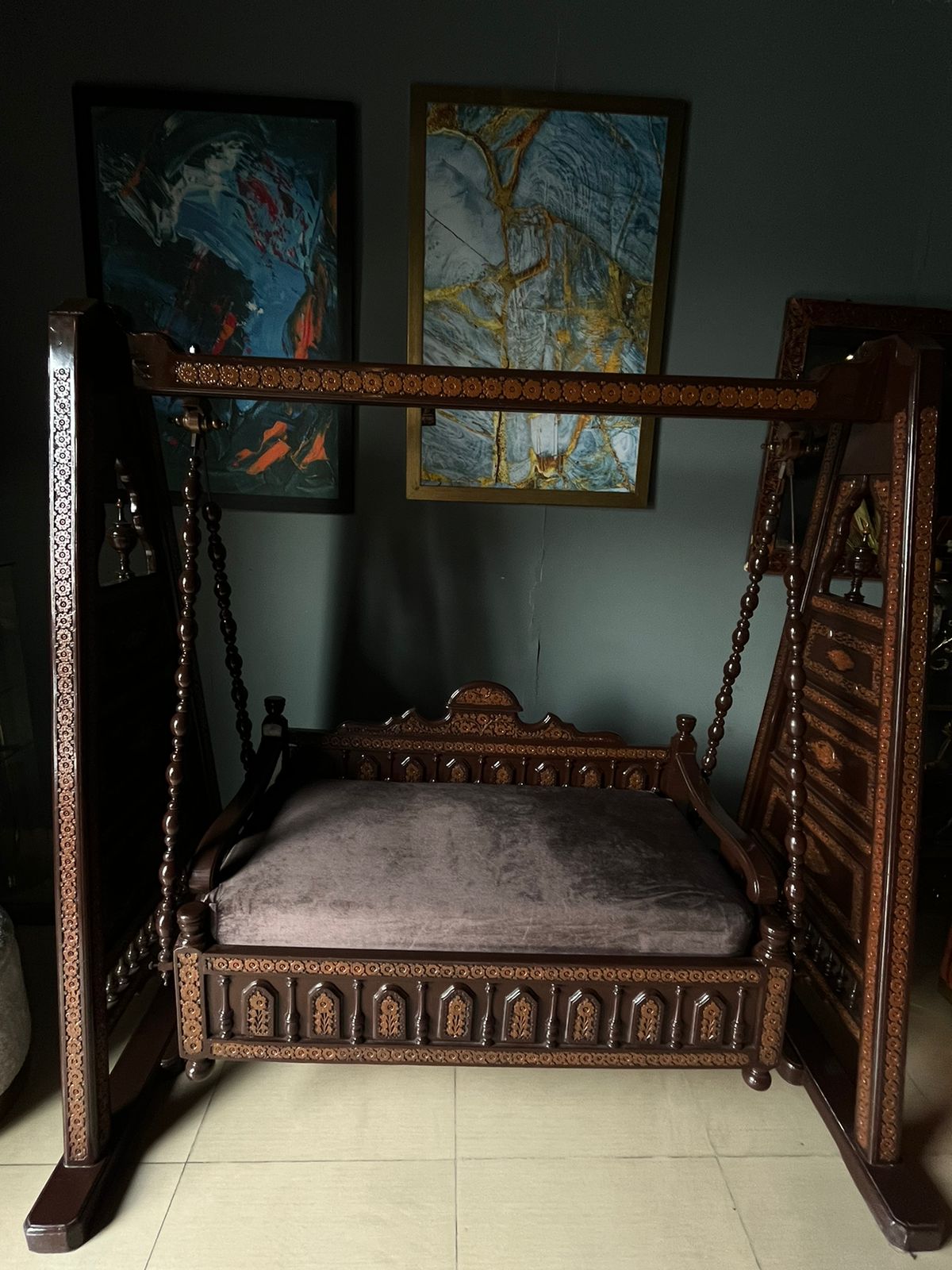 Wooden swing (jhola) styled indoors