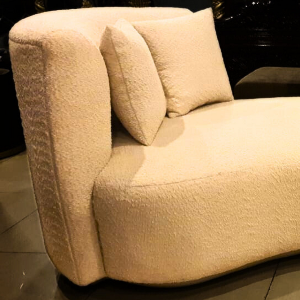 Semi-round cloud boucle sofa detail view