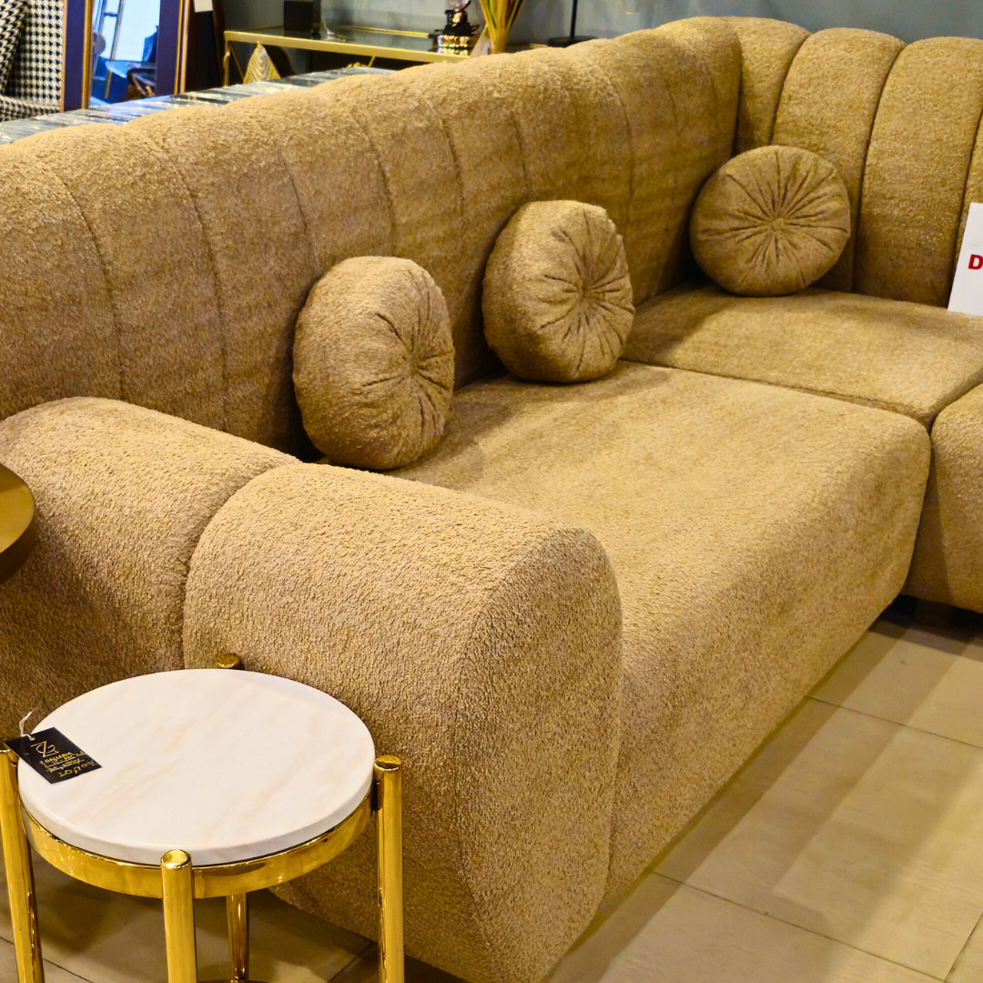 Modern L-shaped 8-seater sofa styled in a living room
