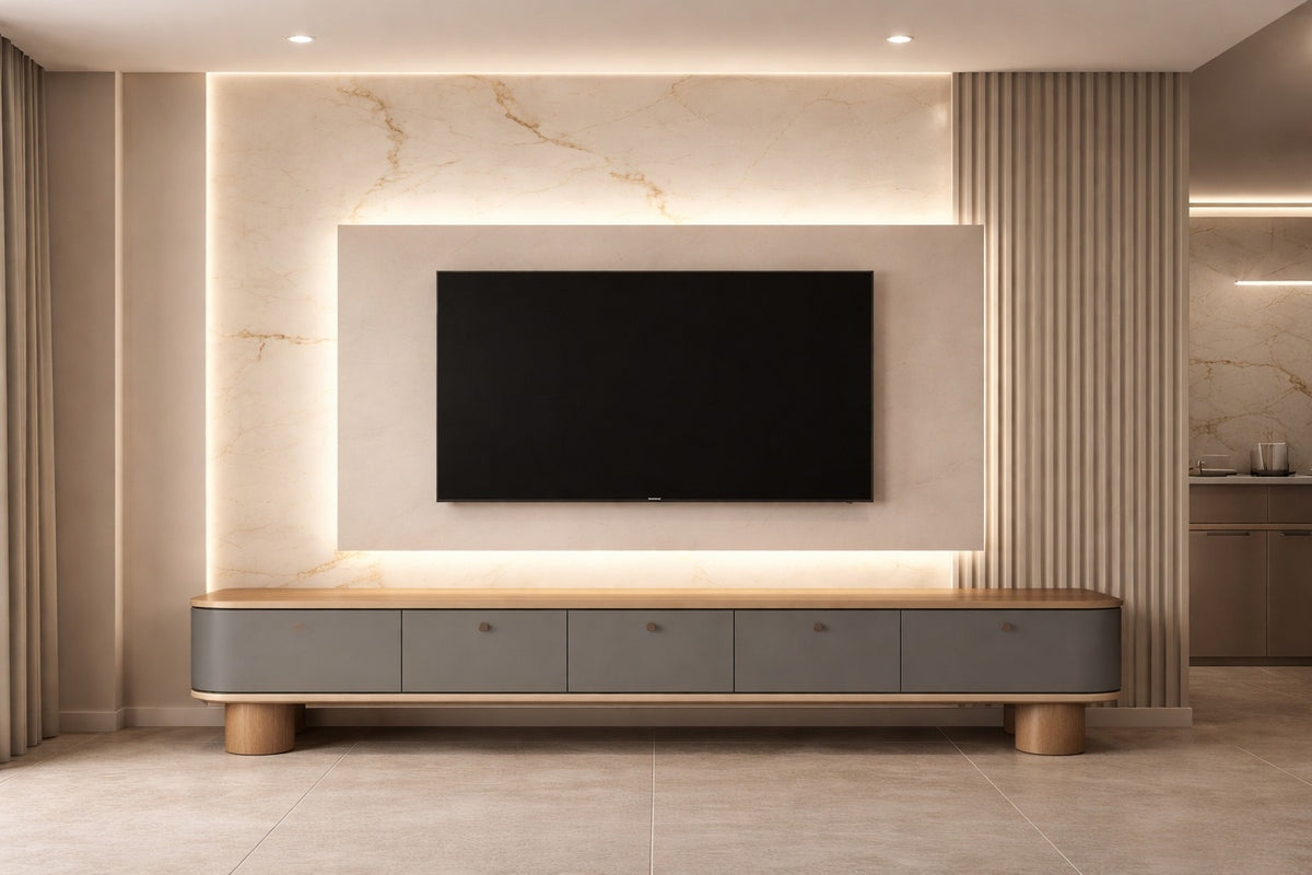 Beige Light Themed Media Wall with Console by Z Galleria