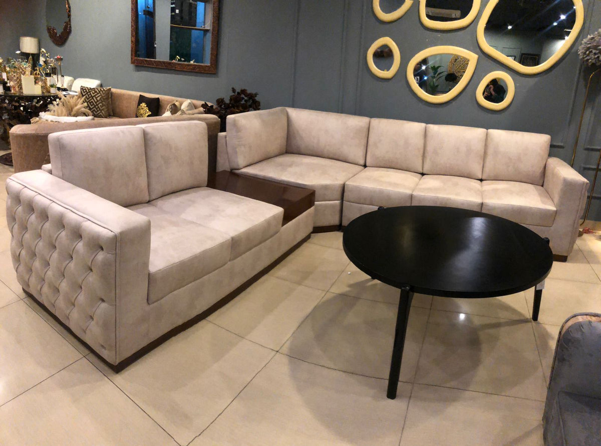 Modern L-shaped 7-seater sofa styled in a living room