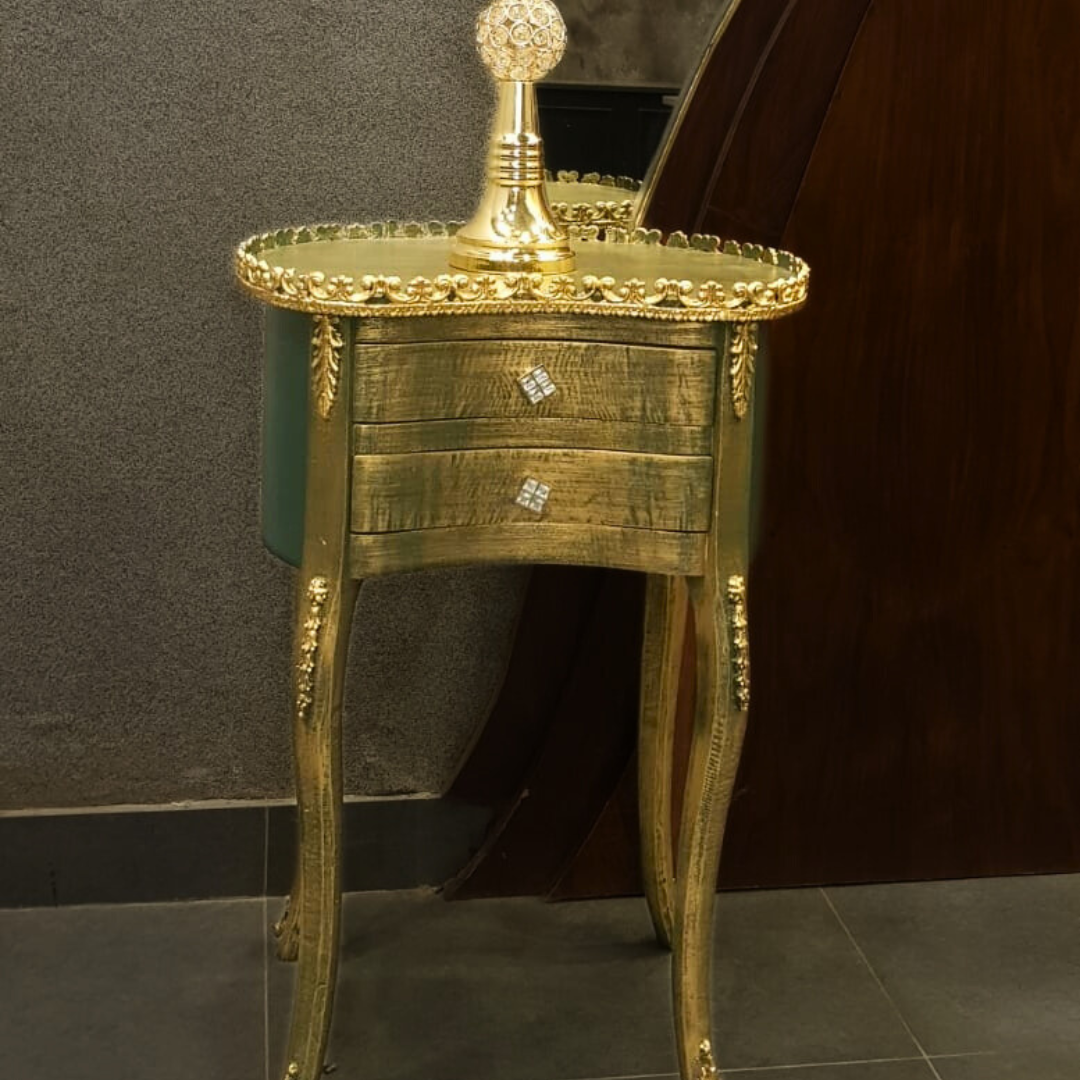 Victorian-style coffee table styled in a living room