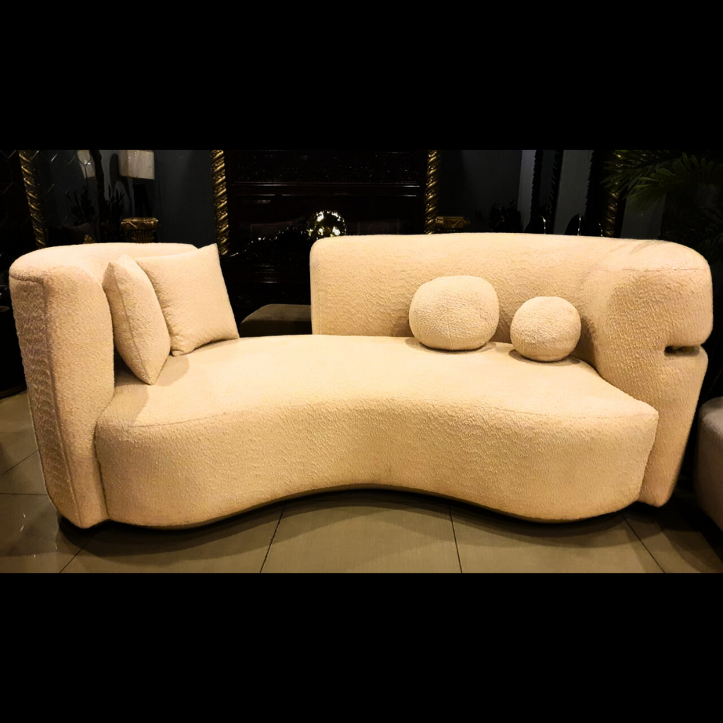 Semi-round cloud boucle sofa side profile