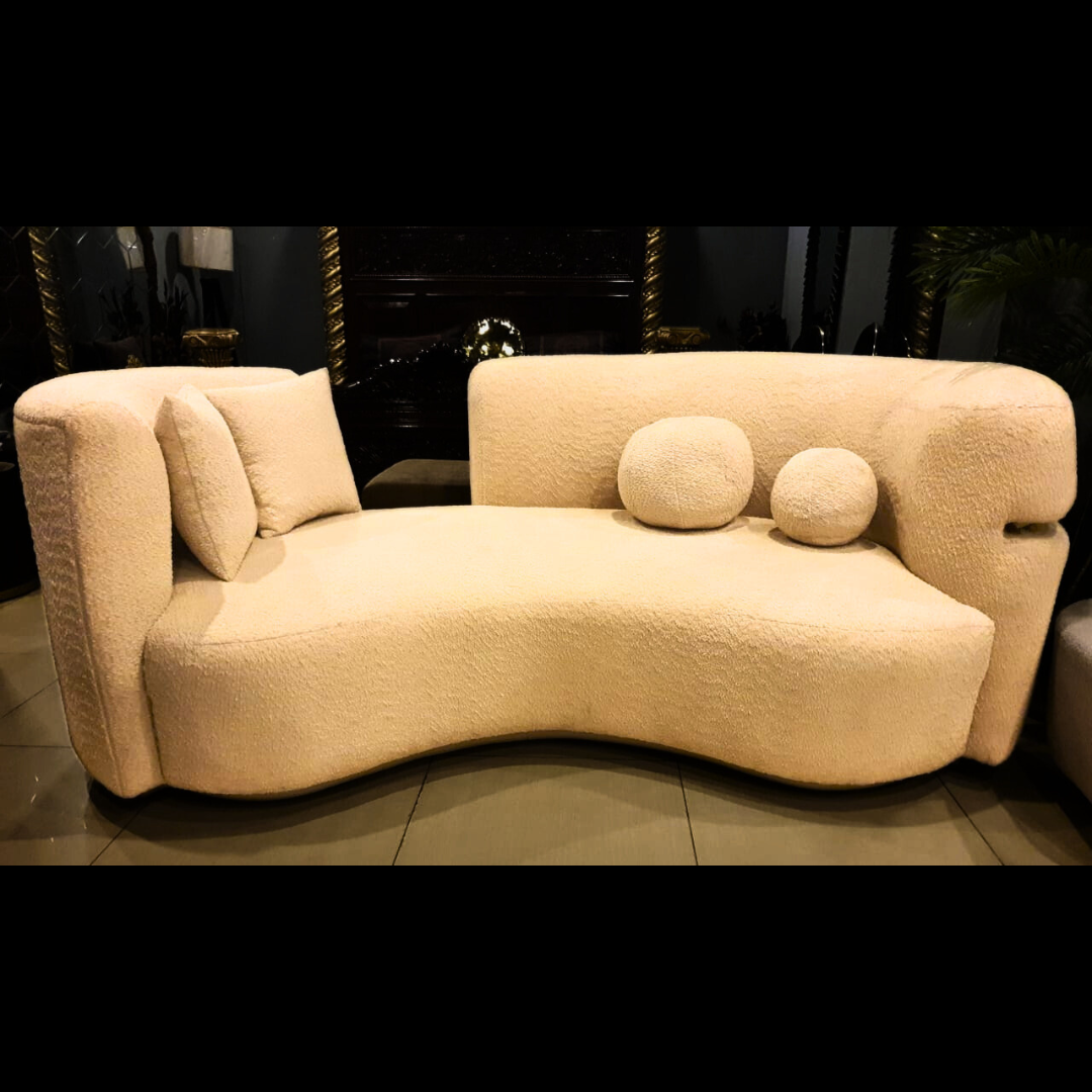 Semi-round cloud boucle sofa side profile