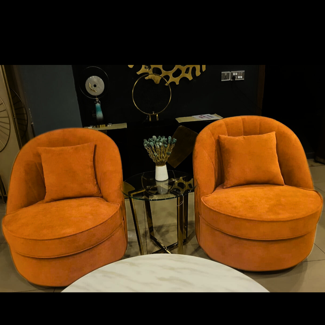 Orange accent living room chair detail view
