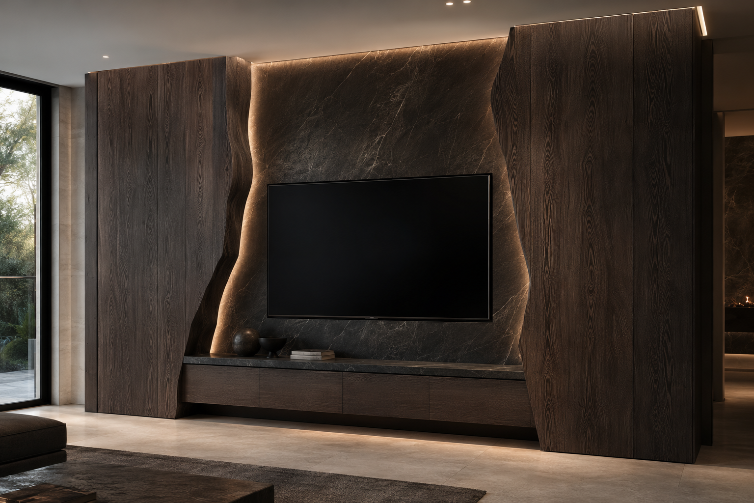A modern dark wood and stone wall-mounted TV console with a large black television centered in a living room interior, featuring warm ambient lighting and a low matching media cabinet below.