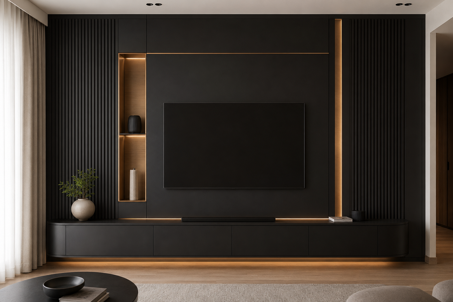A modern black TV wall cabinet in a living room, featuring a large flat-screen television, built-in shelving with warm LED lighting, vertical slatted side panels, and a floating media console below.