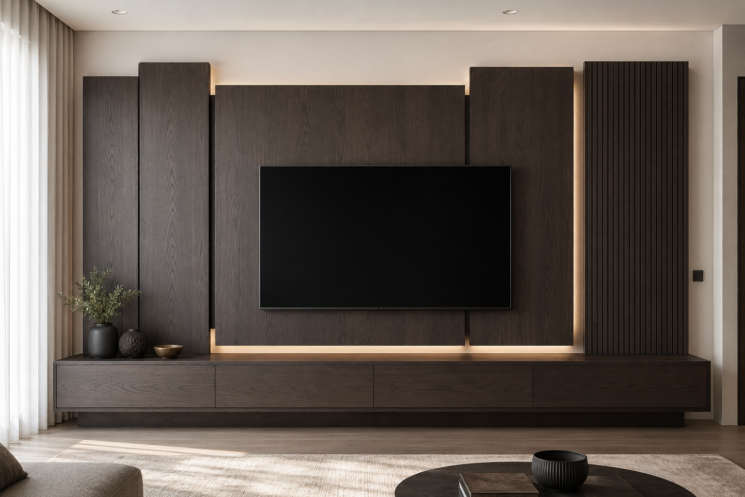 A modern dark wood media console and wall-mounted TV in a minimalist living room setting.