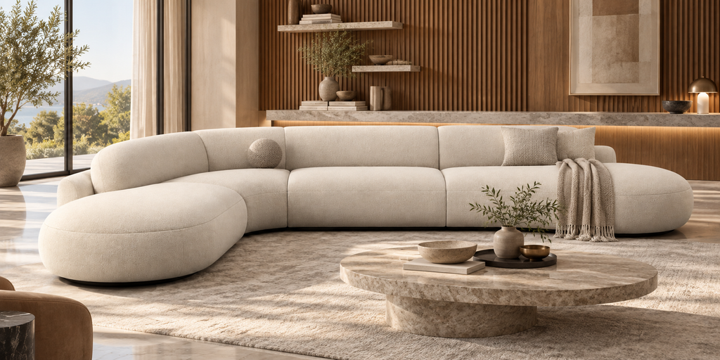 Aveline Curve Sofa in a warm contemporary living room, full front three-quarter view