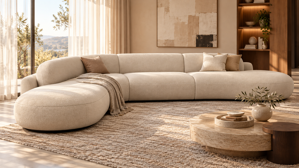 Aveline Curve Sofa showing the curved return in a sunlit living room