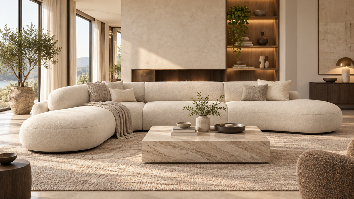Aveline Curve Sofa styled in a serene ivory residential lounge, full view