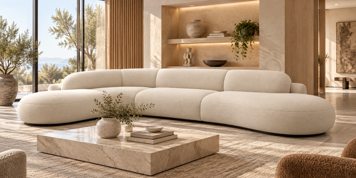 Aveline Curve Sofa showing the long chaise-like end in a modern home