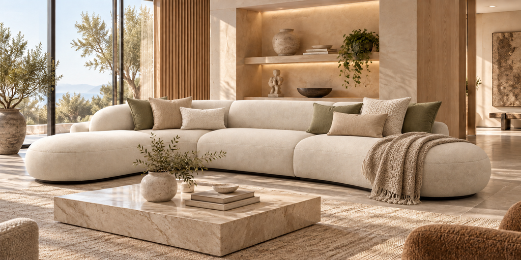 Aveline Curve Sofa styled with olive and sand cushions and a textured throw