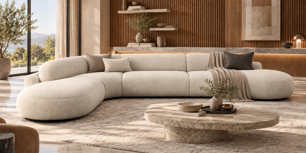 Aveline Curve Sofa styled with taupe cushions and a soft throw in a luxury living room