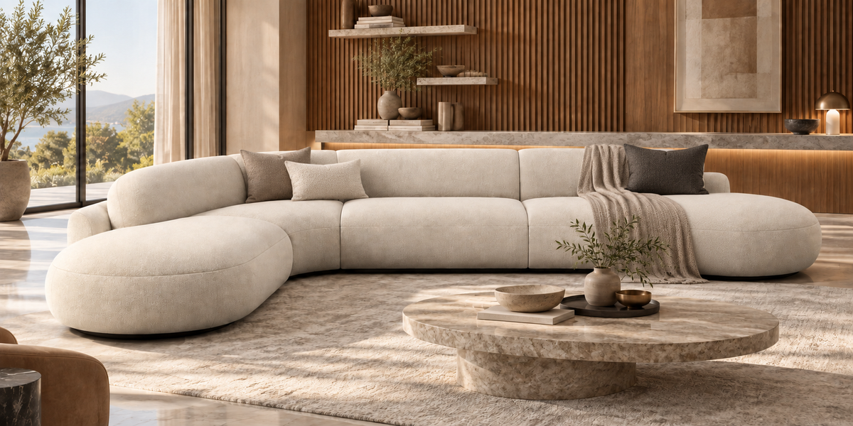 Aveline Curve Sofa styled with taupe cushions and a soft throw in a luxury living room
