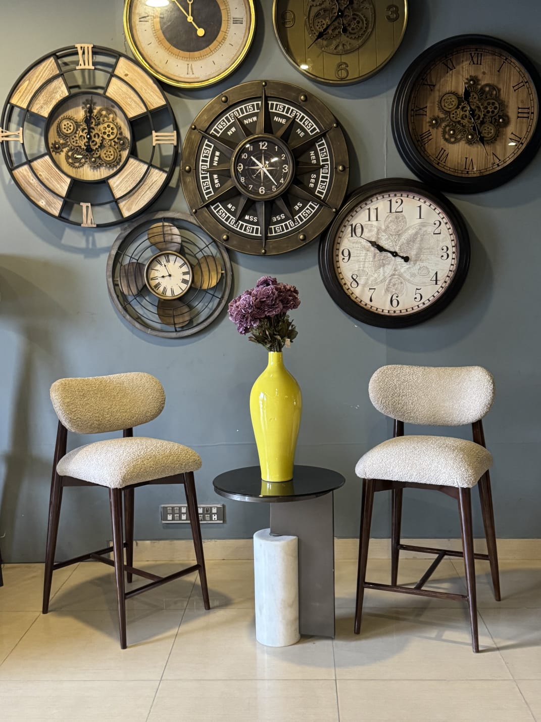 Minimalist boucle barstool pair styled in a room