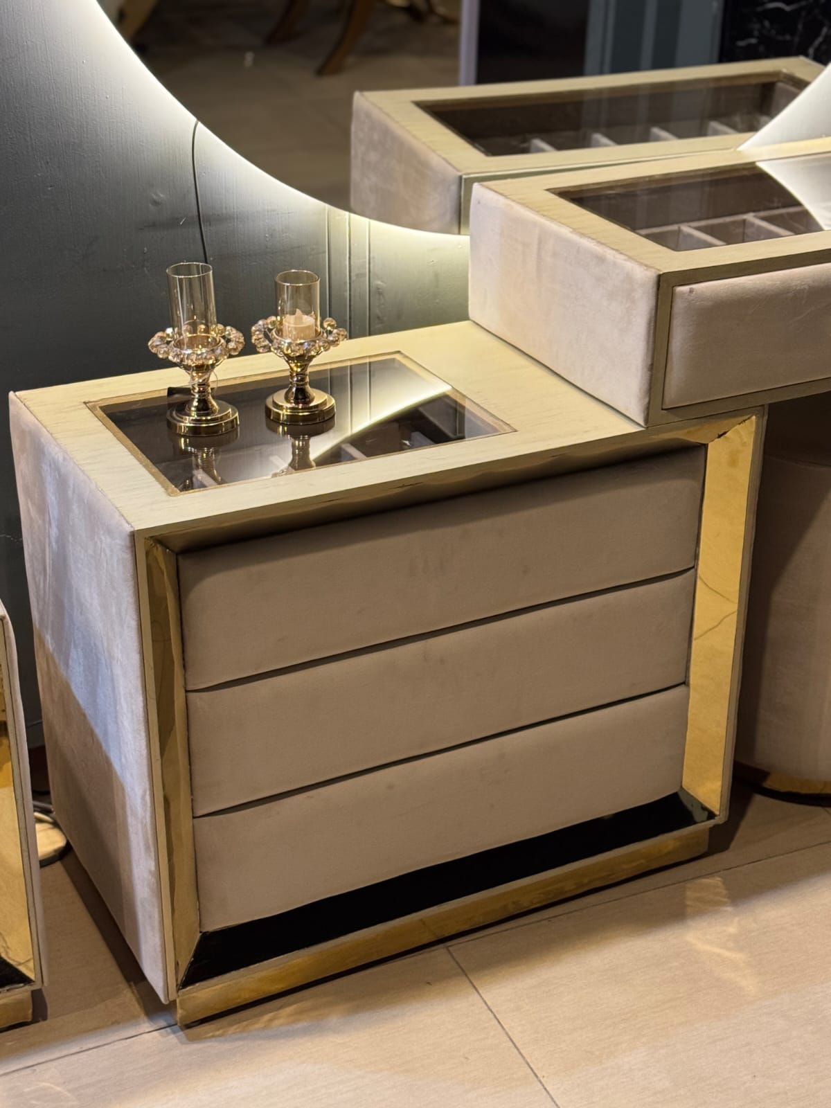 Luxury beige bed with storage detail view