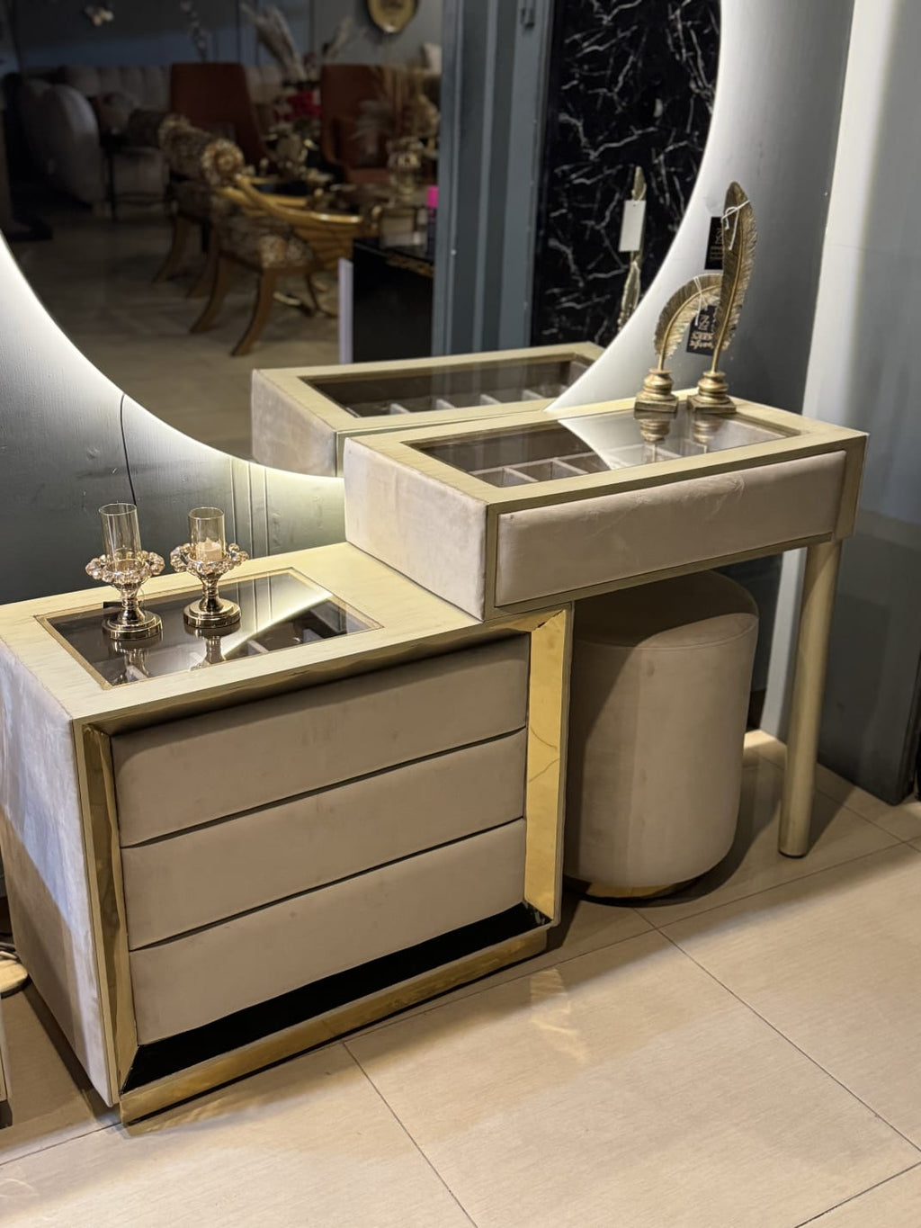 Luxury beige bed with storage styled in a bedroom