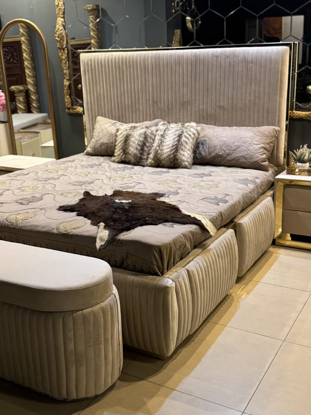Luxury beige bed with storage compartment detail