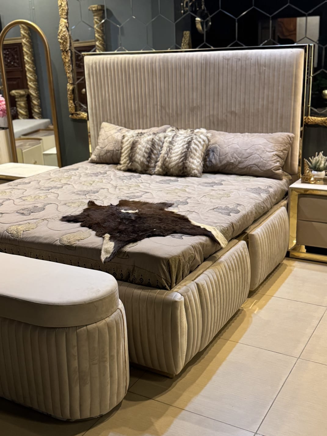 Luxury beige bed with storage compartment detail