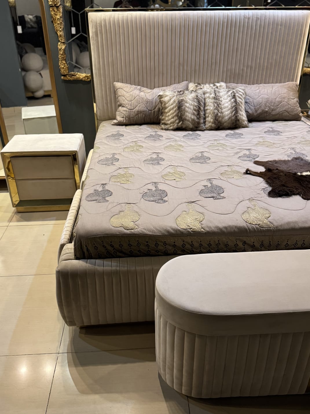 LUXURY BEIGE BED WITH STORAGE COMPARTMENT — alternate product view 5