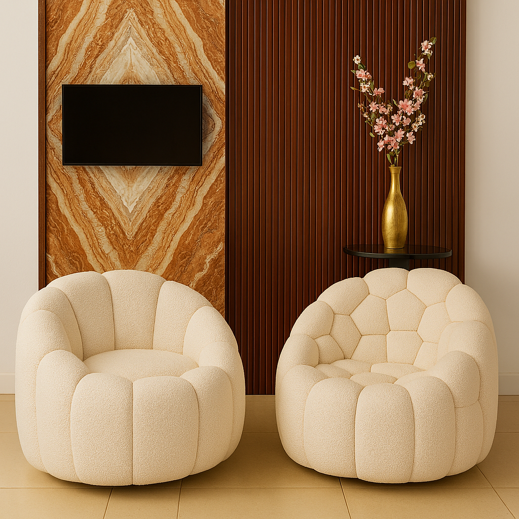 Luxe Bouclé Revolving Comfort Chair styled in a living room