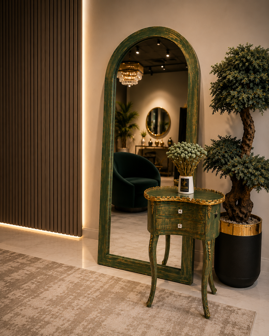 Vintage Green Arch Mirror with distressed green frame, tall arched design, antique finish, and luxury floor mirror style for living room, bedroom, hallway, or dressing area décor in Pakistan