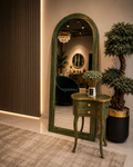 Vintage Green Arch Mirror with distressed green frame, tall arched design, antique finish, and luxury floor mirror style for living room, bedroom, hallway, or dressing area décor in Pakistan
