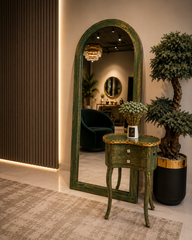 Vintage Green Arch Mirror with distressed green frame, tall arched design, antique finish, and luxury floor mirror style for living room, bedroom, hallway, or dressing area décor in Pakistan