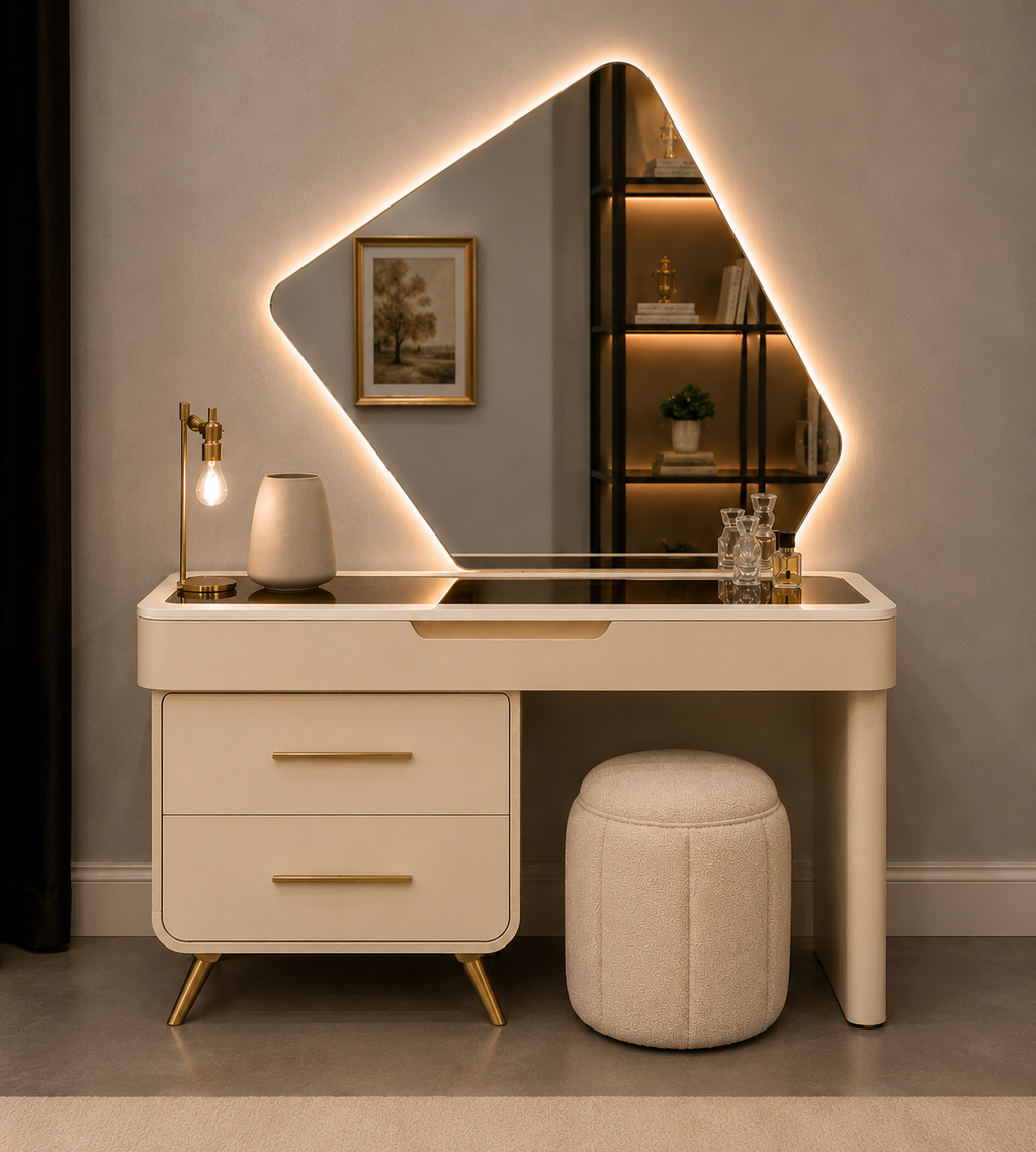 A modern vanity desk set featuring a cream-colored desk with gold legs and handles, a matching round upholstered stool, and a large diamond-shaped backlit mirror. The set is styled in a contemporary room with a gray wall and a dark shelving unit in the background.